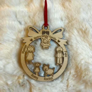 Ornement personnalisé en bois – Famille avec prénoms gravés | Cadeau Noël, famille, animaux