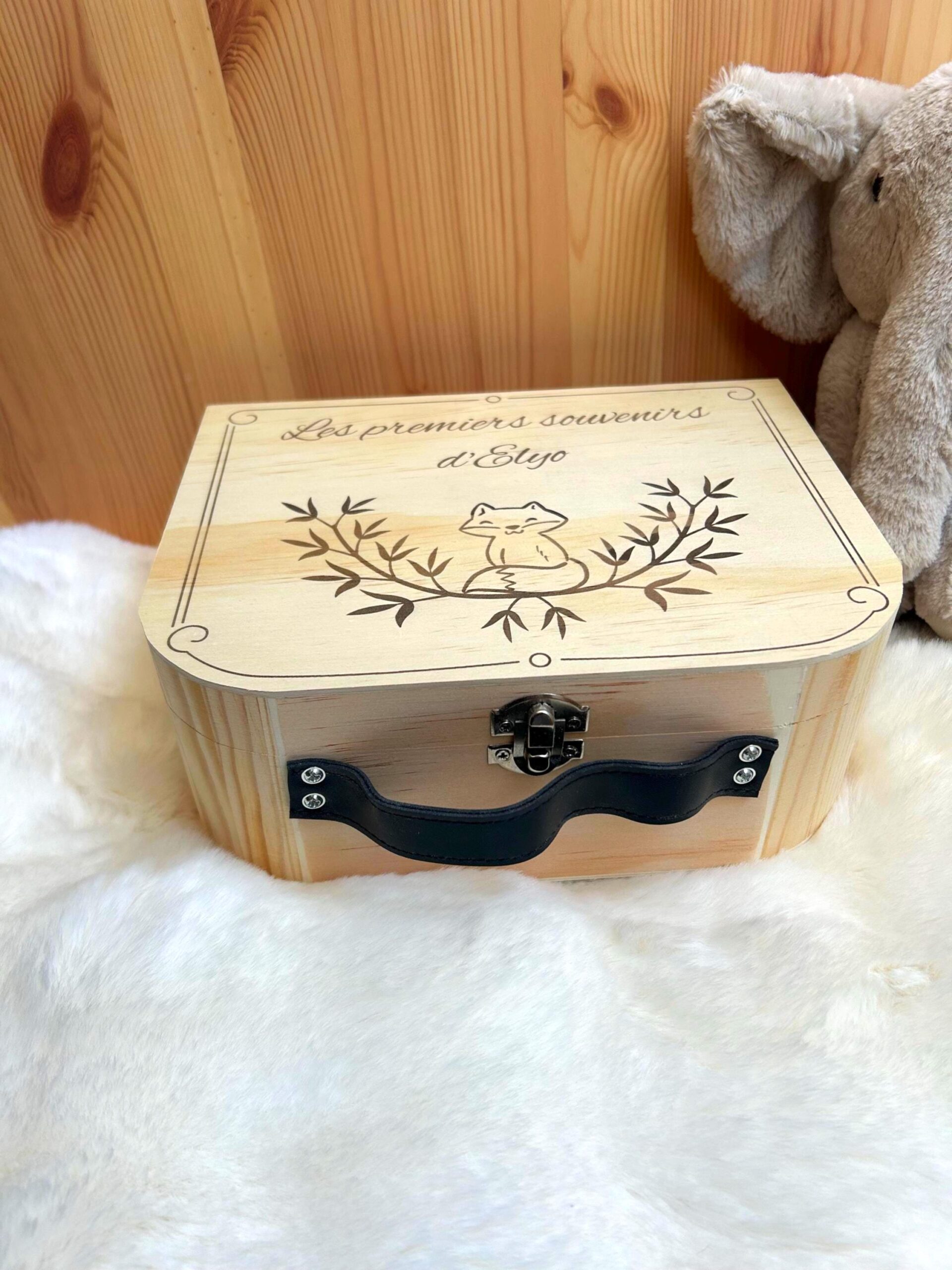 Valise à souvenirs bébé Personnalisé en bois – Cadeau naissance ou anniversaire/Baptême – illustration Renard – Image 3