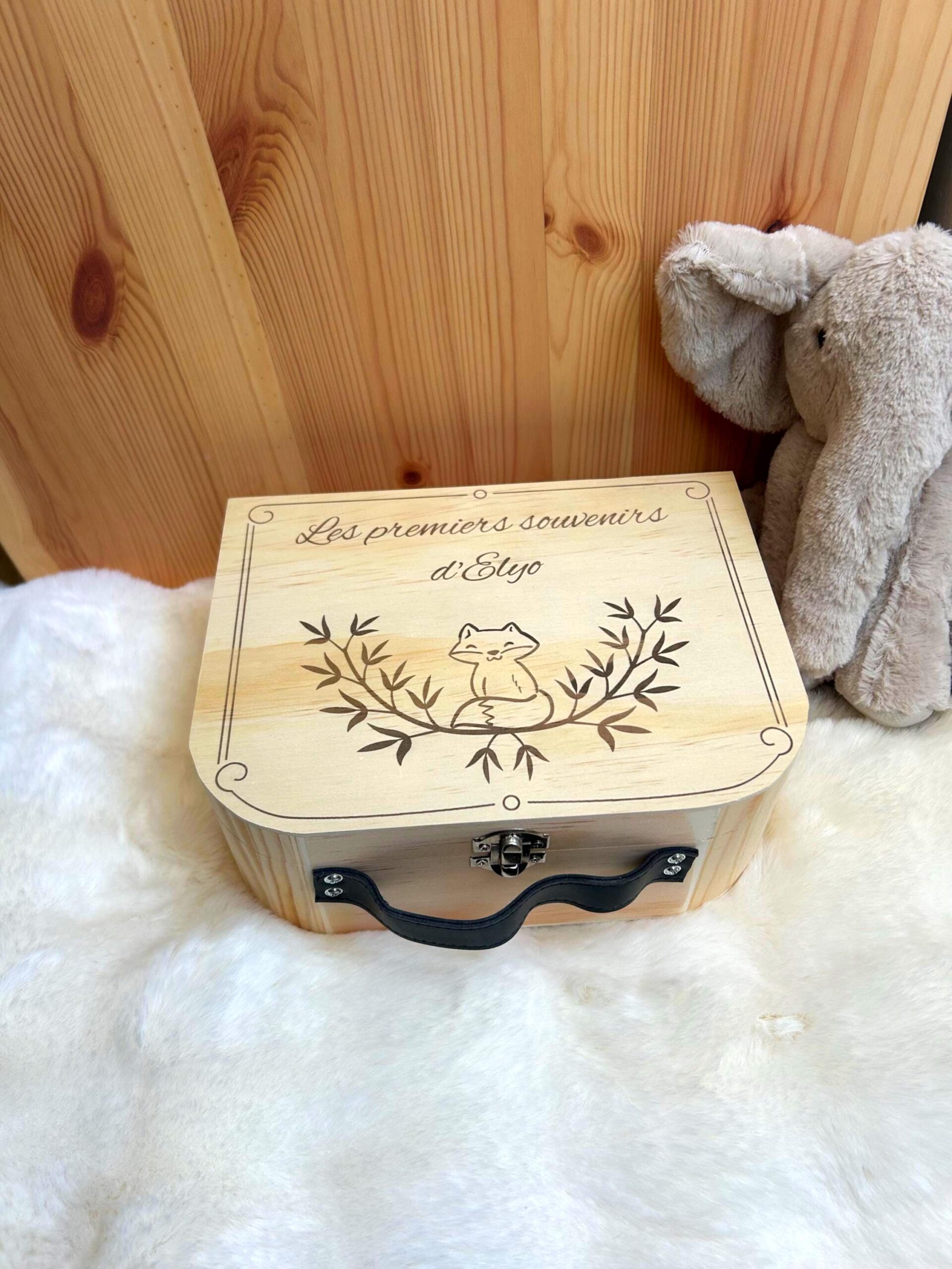 Valise à souvenirs bébé Personnalisé en bois – Cadeau naissance ou anniversaire/Baptême – illustration Renard – Image 5
