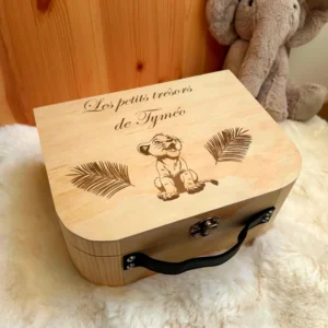 Valise à souvenirs bébé Personnalisé en bois – Cadeau naissance ou anniversaire/Baptême – Gravure prénom et illustration lionceau