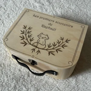 Valise à souvenirs bébé Personnalisé en bois – Cadeau naissance ou anniversaire/Baptême – illustration Renard