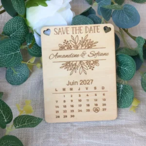 Save the Date bois personnalisé – Gravure prénom & date – Magnet mariage – Annonce mariage originale