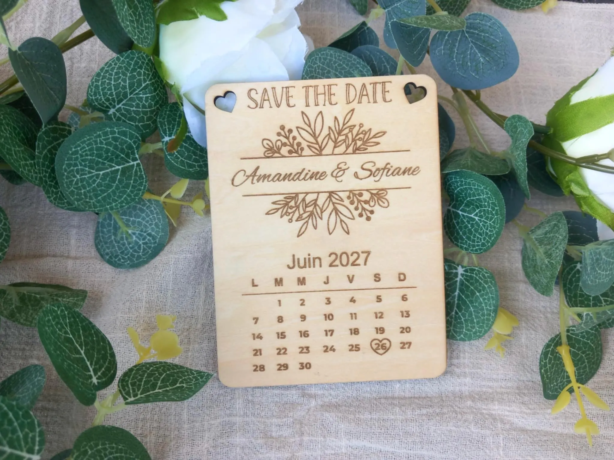 Save the Date bois personnalisé – Gravure prénom & date – Magnet mariage – Annonce mariage originale